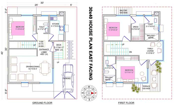 30 by 40 two floor house plan vastu friendly with car parking