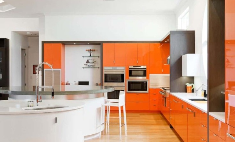 Orange Modular Kitchens With Accent Walls