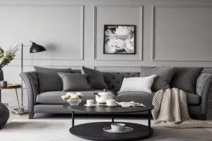 Black Sofa with Grey and White Decor