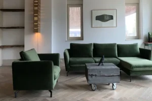 Green Sofa with Wooden Flooring