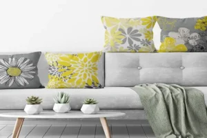 Grey Sofa with Yellow and White Cushions