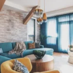 Navy Blue Sofa with Light-Coloured Curtains