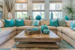 Teal Sofa with Wooden and Beige Decor